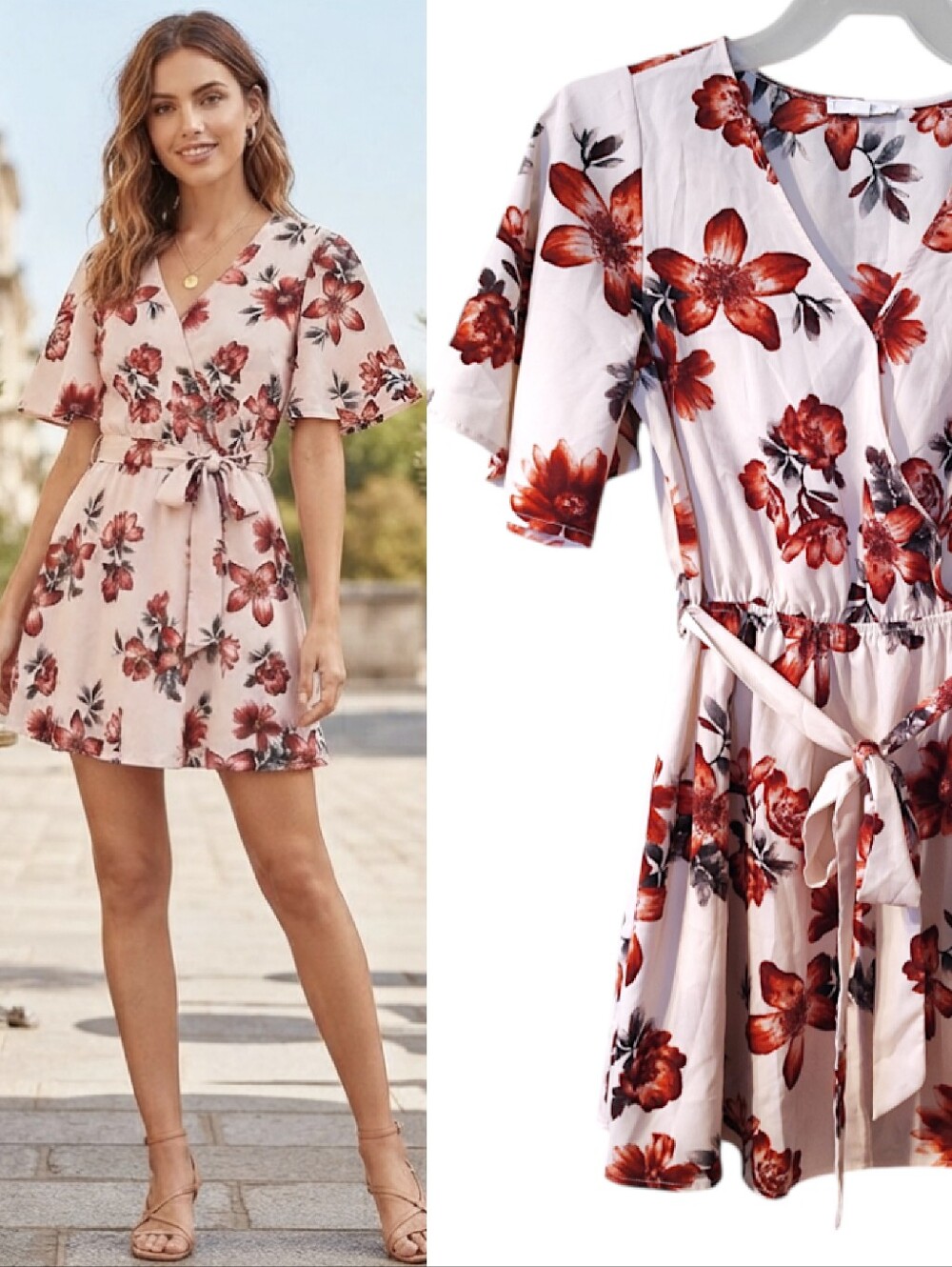 MINE Dusty Red Floral Faux Wrap Tie Belt Mini Dress Medium Flutter Sleeve